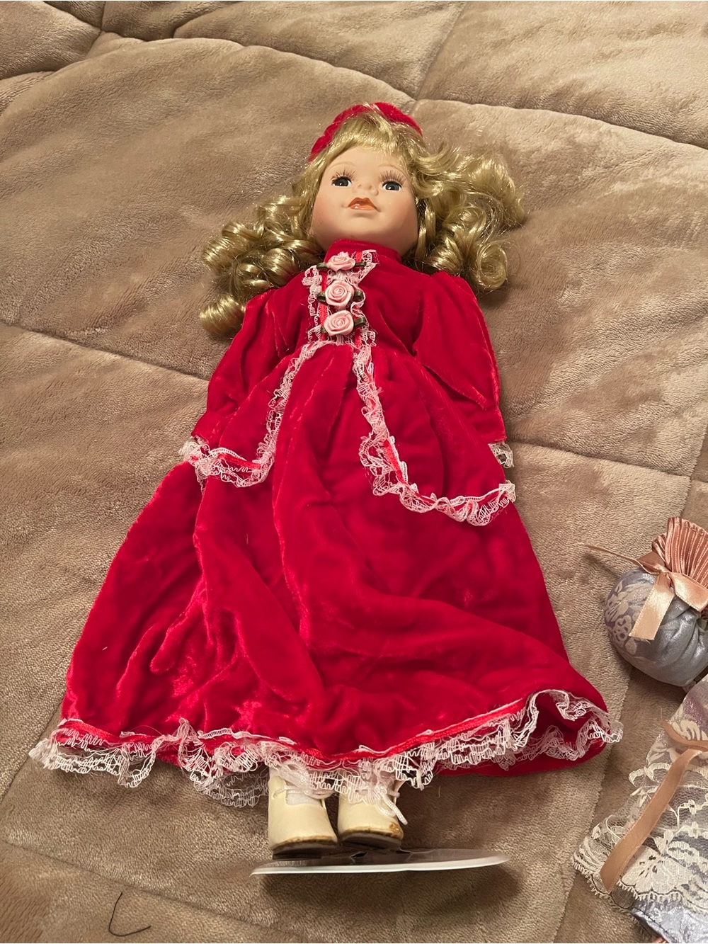 Red Velvet Collector porcelain Doll with Lace Accents
